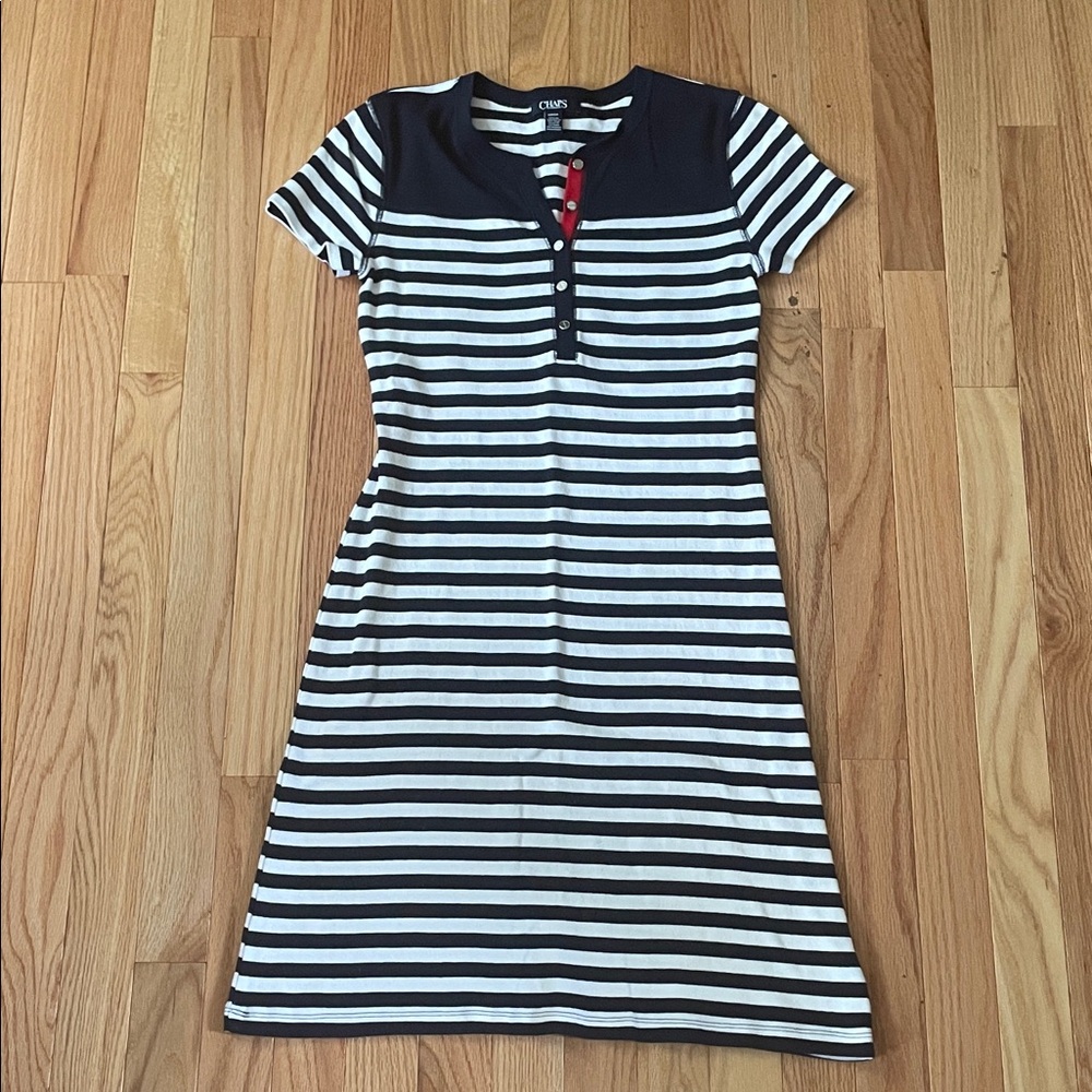 Chaps Henley Midi Dress Womens Small Blue White Striped Knit Nautical Sailor